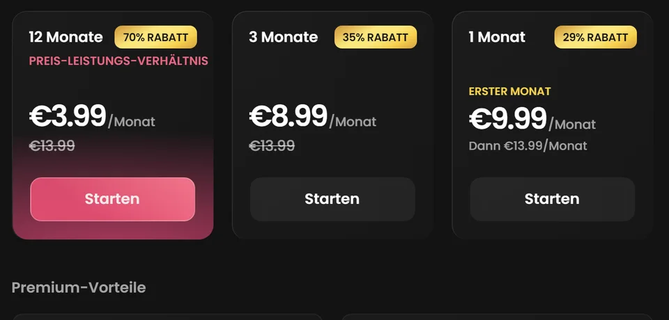 Abo-Karten von Candy.ai für 12 Monate, 3 Monate und 1 Monat mit angezeigten Monatswerten