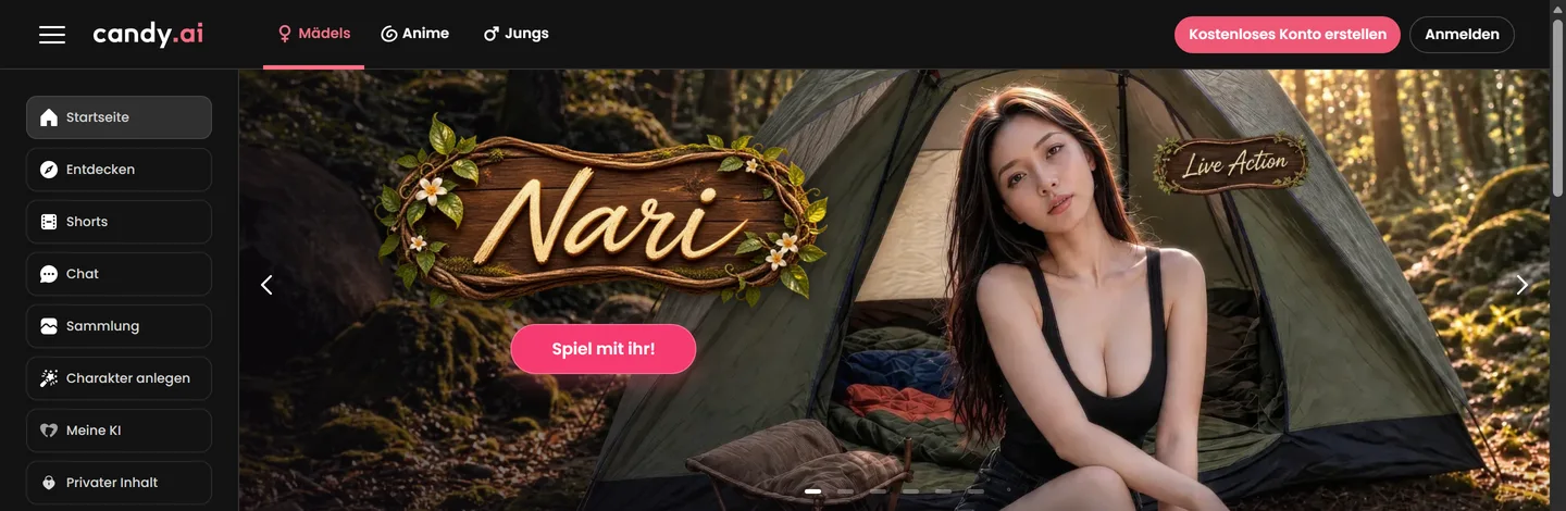 Startseite von Candy.ai mit Logo, Menü für Mädels, Anime und Jungs sowie einem vorgestellten KI-Charakter