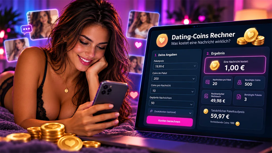 Symbolbild: Frau mit Smartphone vor einem Laptop mit Dating-Coin-Rechner, daneben goldene Coins