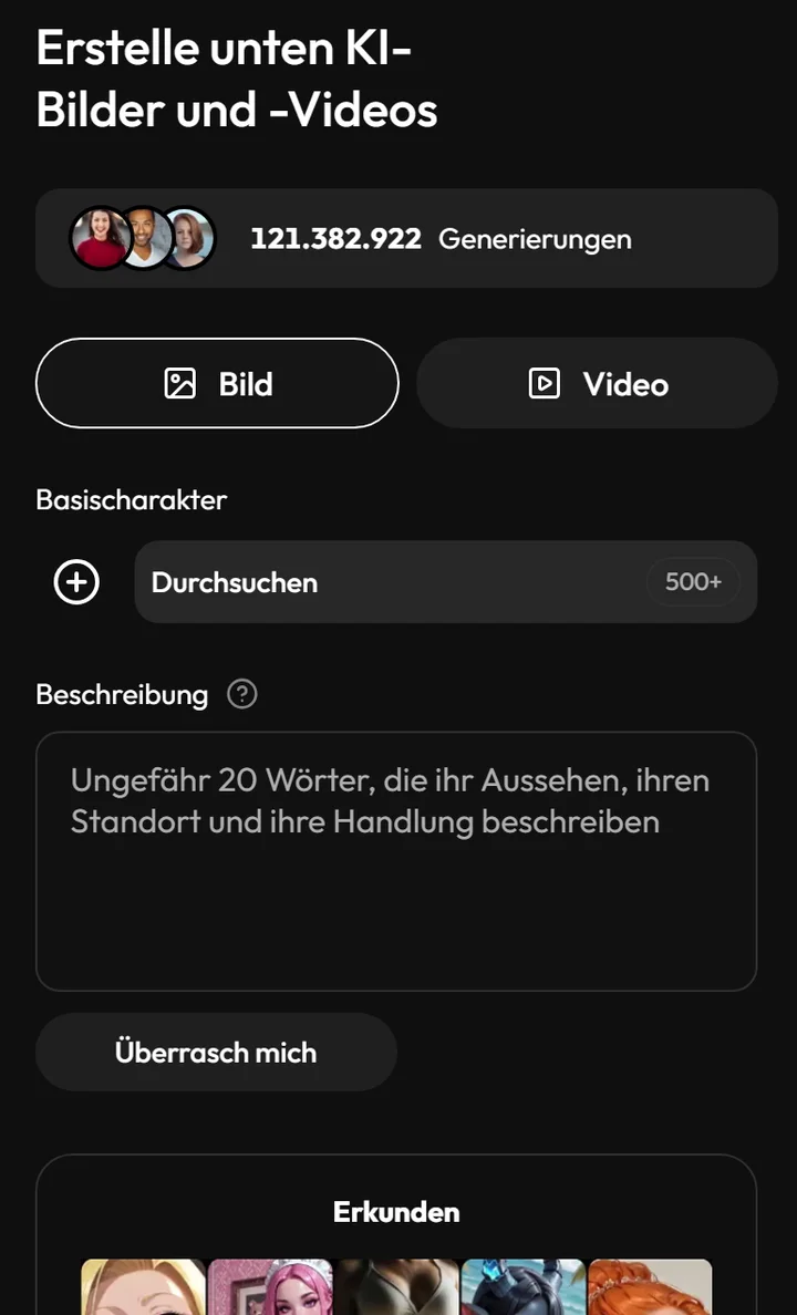 Werkzeugleiste des Joi-Bildgenerators mit Umschalter Bild und Video, Basischarakter und Beschreibungsfeld