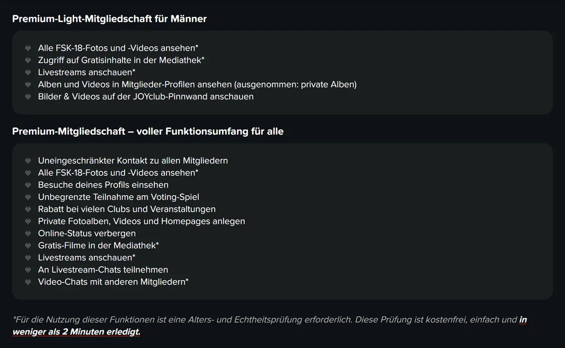 Ausschnitt der JOYclub-Kostenseite: Leistungen von Premium Light für Männer und Premium im Vergleich