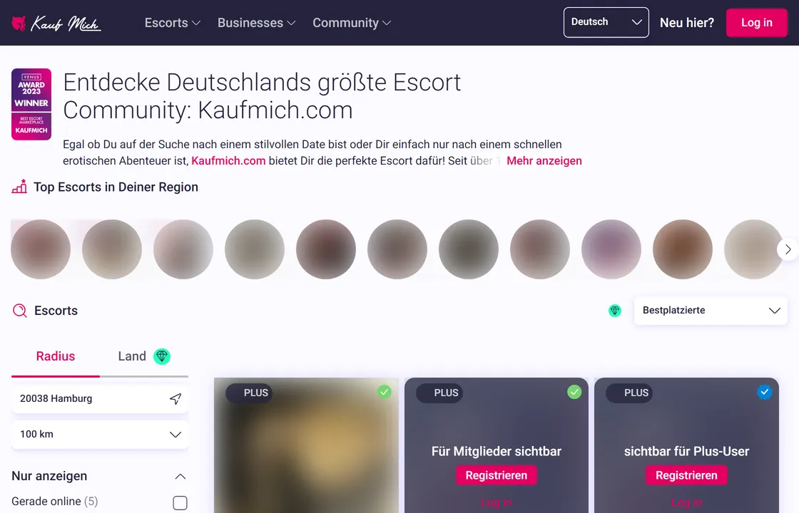Screenshot der öffentlichen Startseite von Kaufmich.com; Profilbilder unkenntlich gemacht