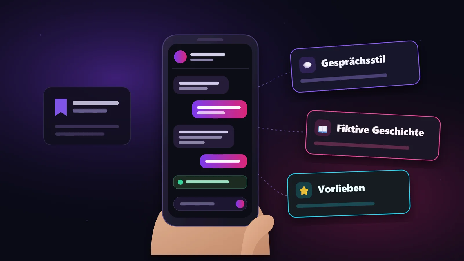 Illustration: Hand hält ein Smartphone mit Chatverlauf, daneben drei Notizkarten „Gesprächsstil“, „Fiktive Geschichte“ und „Vorlieben“