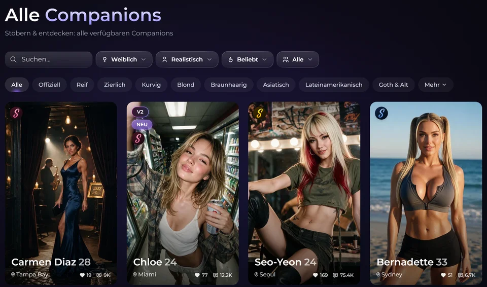 Übersicht „Alle Companions“ bei Secrets.ai mit KI-Figuren