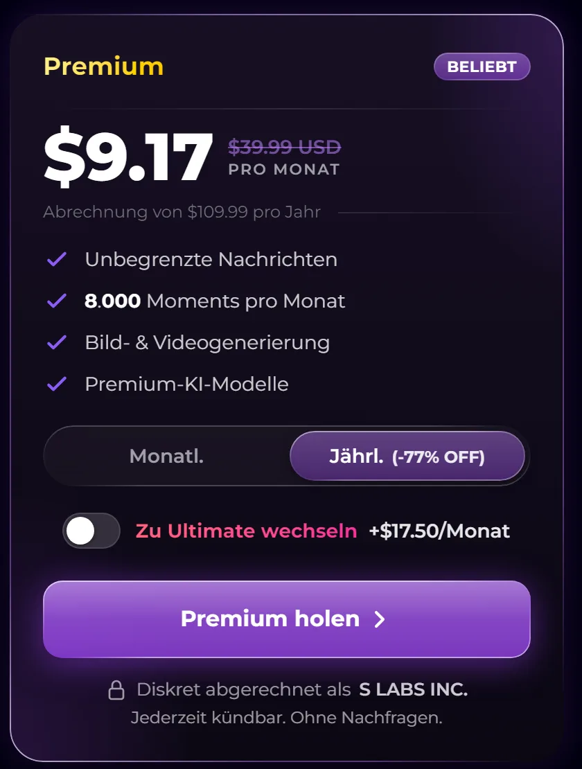 Preiskarte für Premium im Store von Secrets.ai mit Jahresabrechnung und Hinweis auf den Buchungstext S LABS INC.