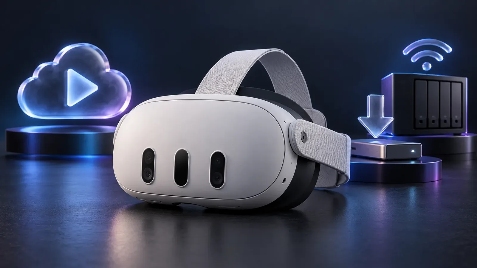 VR-Brille mit Symbolen für Streaming, Download und lokalen Speicher