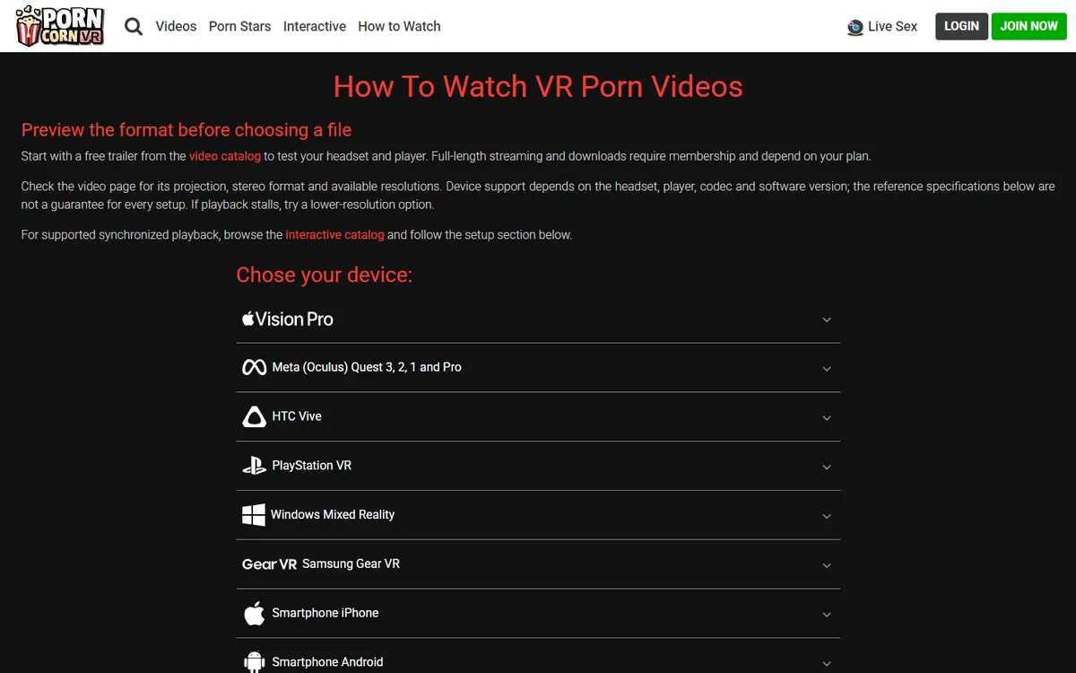 Anleitung von PornCornVR mit Auswahl der Brille von Vision Pro bis Smartphone