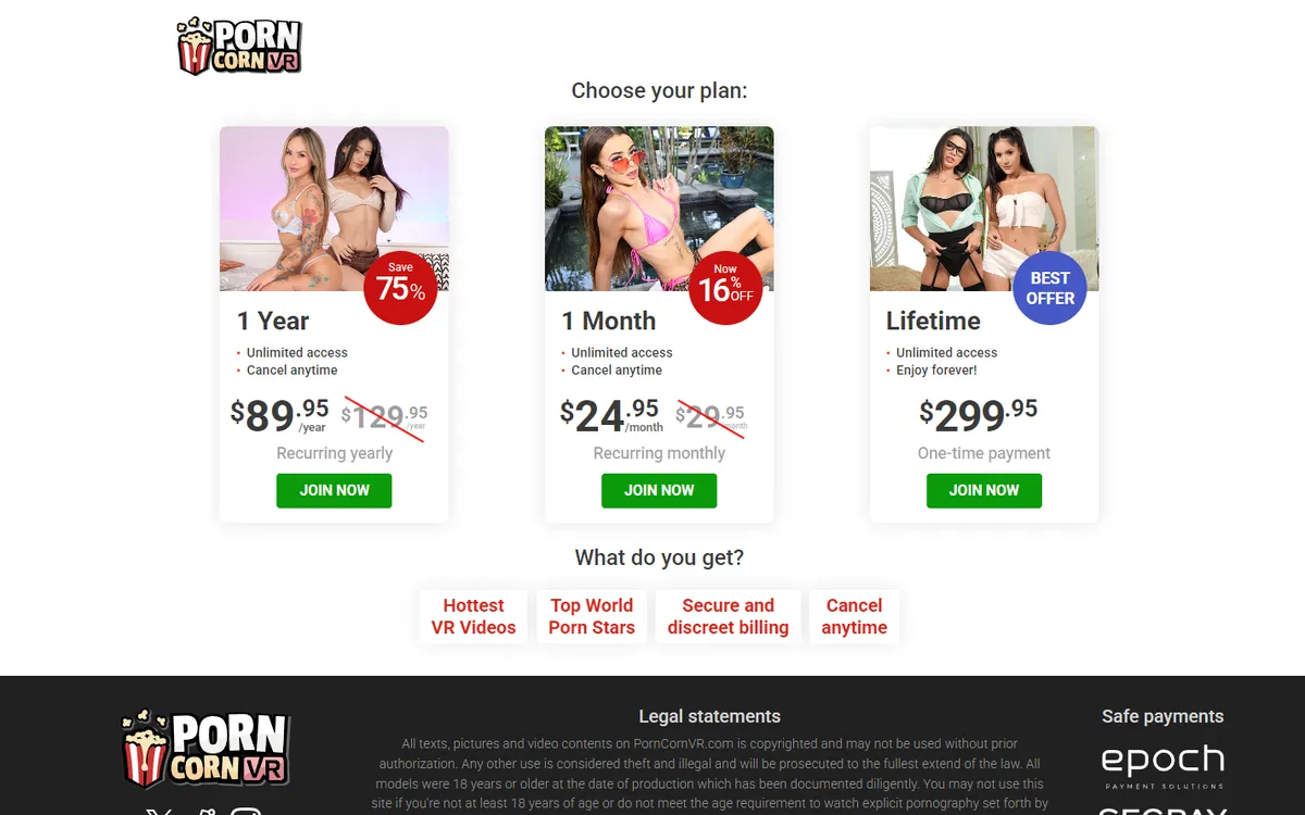Tarifübersicht von PornCornVR mit Monatsabo, Jahresabo und Lifetime