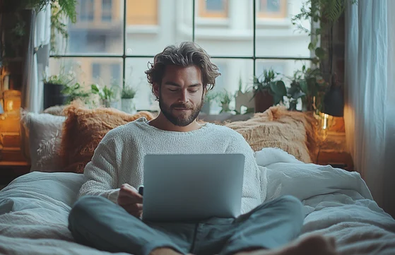 Mann Telefonsex im Schlafzimmer