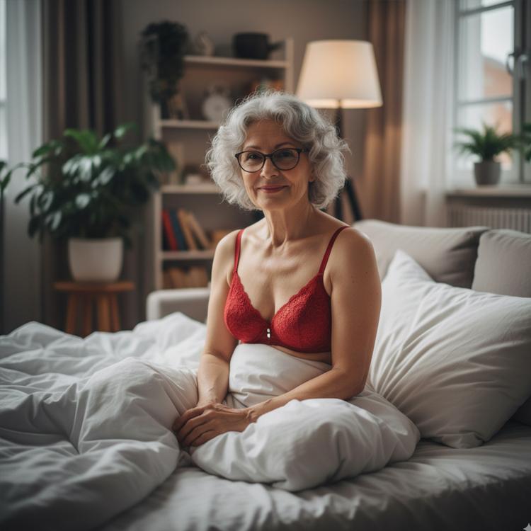 Alte Frau sitzt im Bett