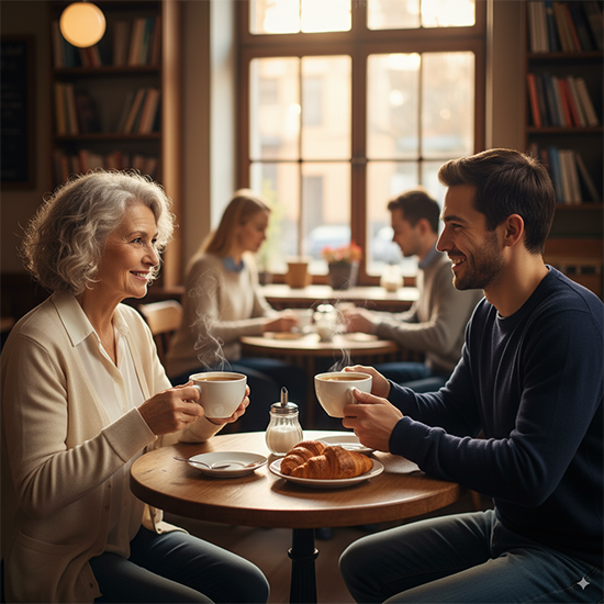 Ältere Dame und junger Typ imCafe