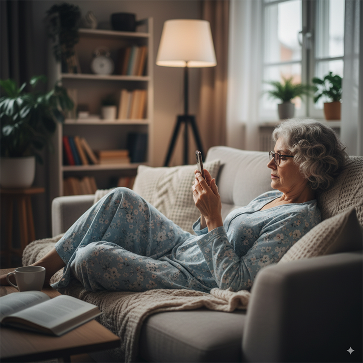 Hübsche alte Oma die auf den Sofa Chattet